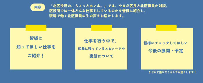 具体的な内容 (1)皆様に知ってほしい事業をご紹介 (2)仕事を行う中で、印象に残っているエピソードや裏話について (3)皆様にチェックしてほしい今後の展開・予定